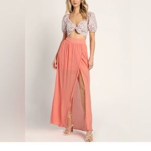 Lulus Breezy Babe Coral Crinkle Chiffon high slit Maxi Skirt